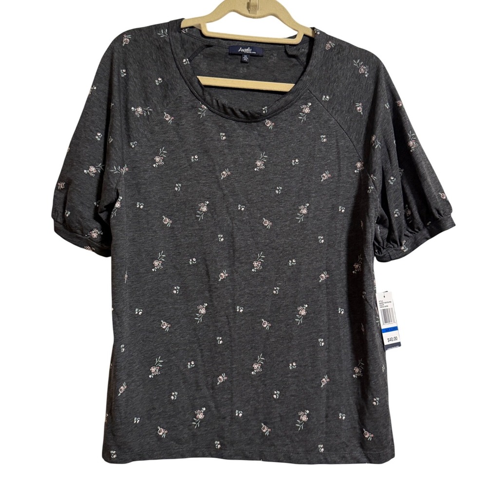 Angels Forever Young Floral Puff Sleeve Tee Charcoal Heather XL‎ NWT